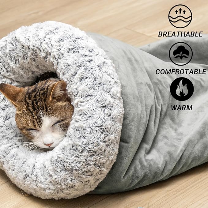 Cat Cave Bed for Indoor Cats, Warm Covered Cat Bed for Sleeping Relax Play, Cozy Fluffy Flannel Washable Kitten Tunnel Nest for Cold Weather