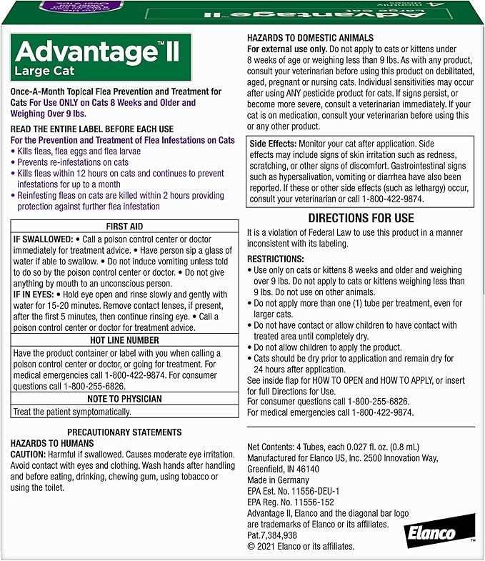 Advantage II Large Cat Vet-Recommended Flea Treatment & Prevention | Cats Over 9 lbs. | 4-Month Supply