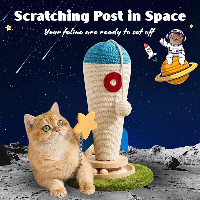Cat Scratching Post, Rocket Cute Sisal Cat Scratcher with Durable Solid Wood Turntable Toy, Cat Scratch Post Red Cat Scratcher with Spinning Star Toy for Indoor Adult Cats