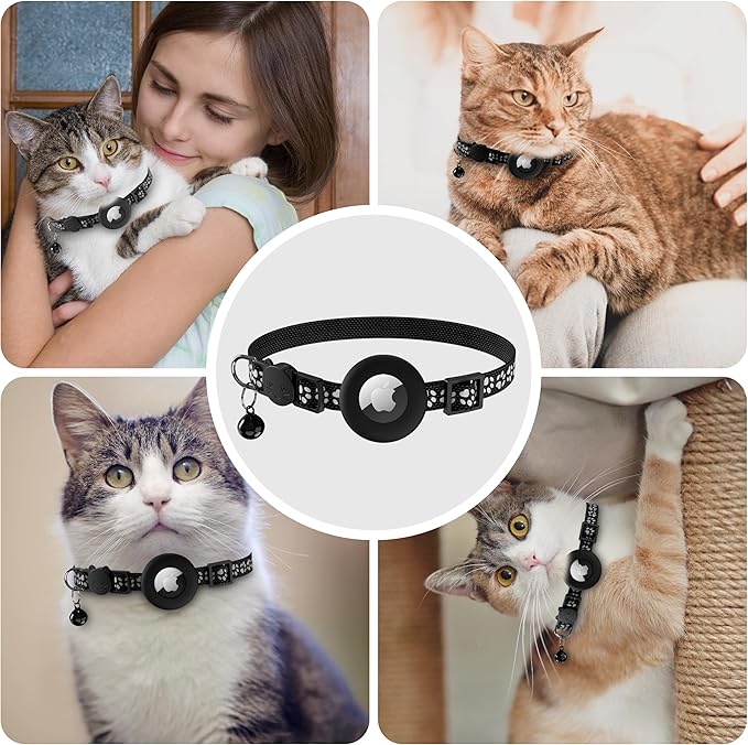 Meliya Airtag Cat Collar Breakaway with Bell, Adjustable Reflective Pet Kitten Collar with Apple Air Tag Holder Case for Girl Boy Cats (Footprints Black)