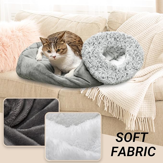 Cat Cave Bed for Indoor Cats, Warm Covered Cat Bed for Sleeping Relax Play, Cozy Fluffy Flannel Washable Kitten Tunnel Nest for Cold Weather