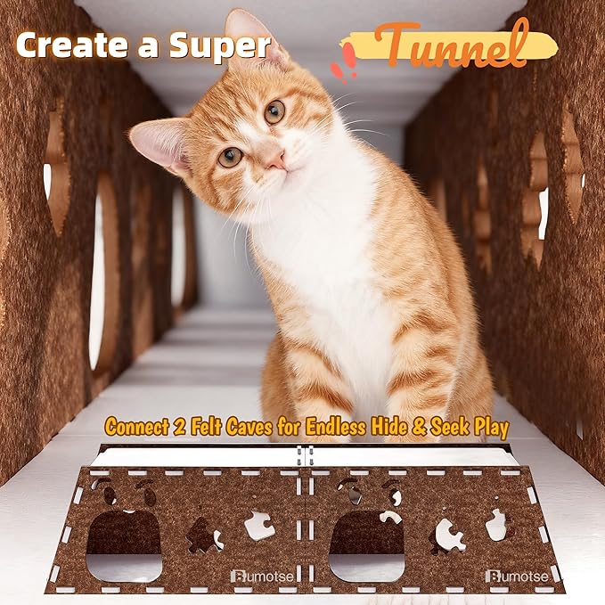 Interactive Felt Cat Tunnel for Indoor Cats with Catnip Toy, Modular Cat Cave House for Scratching, Play, Hiding & Sleeping, Durable Washable Cat Condo for Large Cats Up to 22LB,Coffee