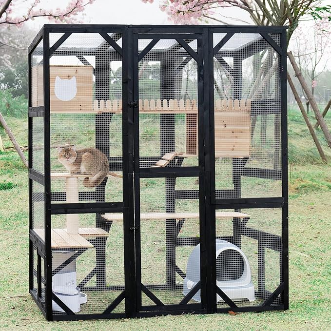 FunXplore Large Catio Outdoor Cat Enclosure Window 73" H Walk-in Cat House Kitty Cage for Multiple Indoor Outdoor Cats Outside Patio with 5 Access Doors Waterproof Roof