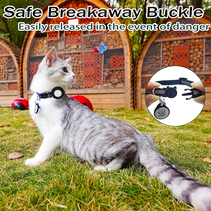 Airtag Cat Collar Breakaway With Apple Air Tag Holder, QR Code, Bell, ID Tag for Girl Boy Kitten - Reflective, Personalized Real-time Scan Alerts (Black)