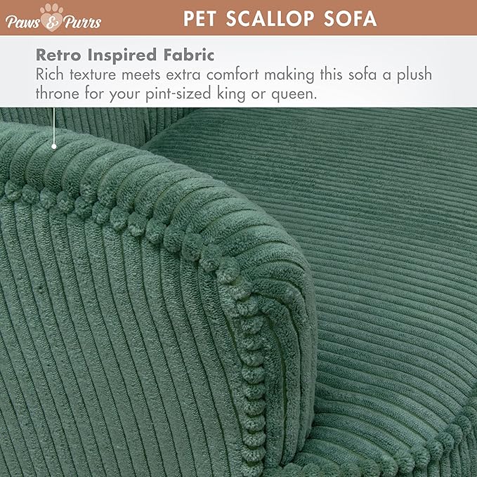 Paws & Purrs Retro Scalloped Back Sofa Style Pet Bed, Dog & Cat Couch with Tufted Cushion & Armrest, Stylish Indoor Pet Furniture, Sage