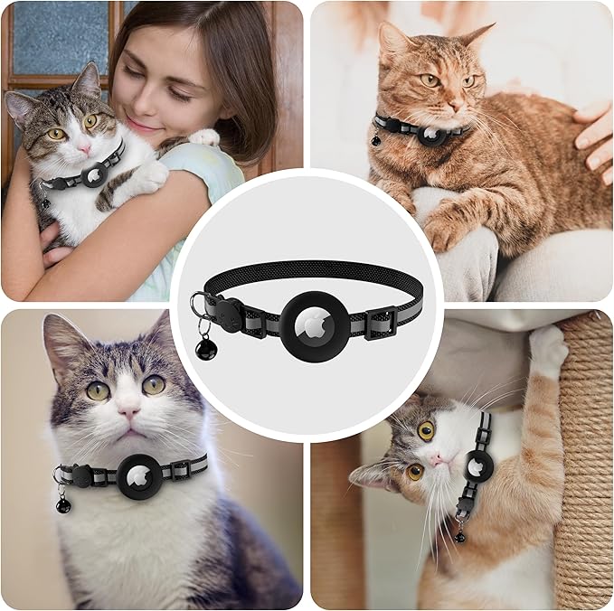 Meliya Airtag Cat Collar Breakaway with Bell, Adjustable Reflective Pet Kitten Collar with Apple Air Tag Holder Case for Girl Boy Cats (Striped Black)