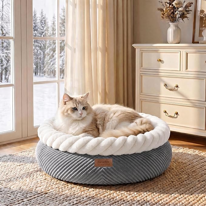FUKUMARU Cat Bed, Calming Donut Dog Beds, Plush Faux Fur&Corduroy Cat Beds, Cute Round Washable Pet Bed for Large Cats and Small Dogs, Cat Cave with Anti-Slip Bottom, 21inch, Grey