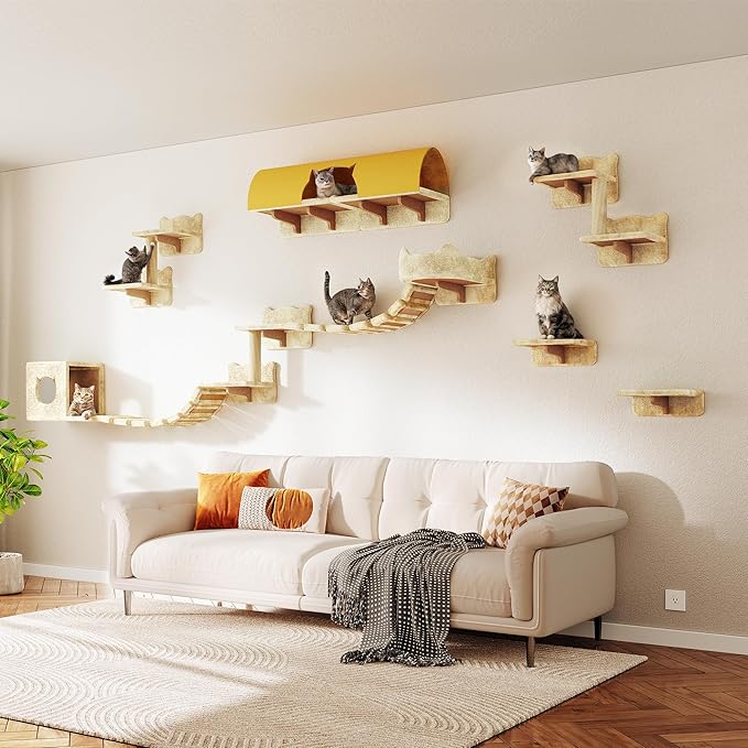 Cat Wall Shelves, Wall Mounted Cat Shelf Furniture with Plush Fabric(16 Piece Set), Cats Furniture with 40''L Tunnel, Condos, House, Steps, Bridge Ladder and Scratching Post, Beige