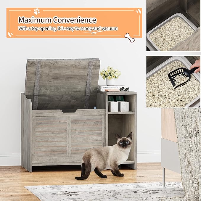 TROPOW Cat Litter Box Enclosure Furniture with Top Opening and Cushion, Hidden Litter Box Cabinet with Storage, Privacy Cat Box Enclosure, Grey
