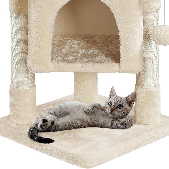 Topeakmart Cat Tree with Extra Large Plush Perch, Soft Cat Condo & Sisal-Covered Scratching Posts for Large Cats, Kittens Cats, 23.5 Inches, Beige