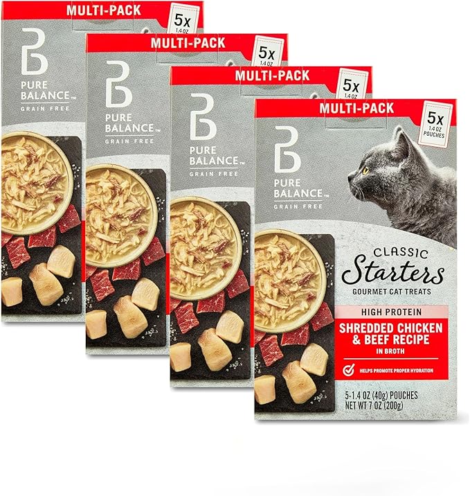 Pure Balance Classic Starters Gourmet Cat Treats, Shredded Chicken & Beef in Broth, High Protein, Soft Treats, 5 Pouches of 1.4 oz Inside, Wet Cat Treat Adult Cats 4 Box