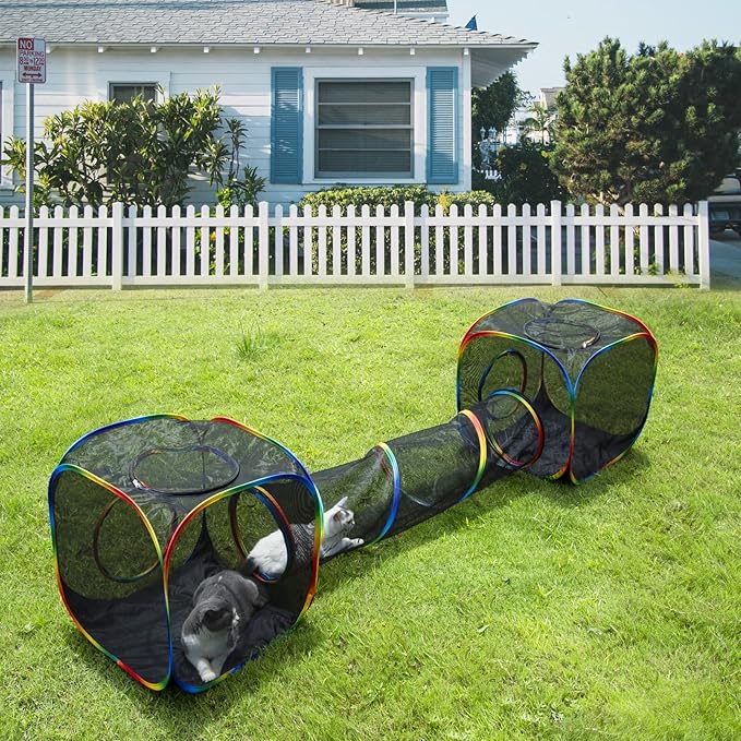 Outdoor Rainbow Cat Enclosures Playground,Outside House for Indoor Cats Include Portable Tent, 2 Way with 2 Cube Tunnel, for Kitty and Small Animals,Within Storage Bag