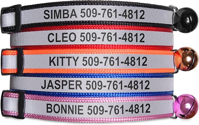 GoTags Reflective Cat Collar Personalized, Custom Cat Collar with Engraved Name and Phone Number, Safety Collar with Breakaway Release Buckle and Bell, Adjustable for Cats and Kitten 5 Colors