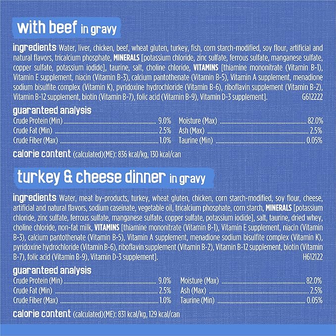 Purina Friskies Gravy Wet Cat Food Variety Pack, Savory Shreds With Beef, Turkey and Cheese Dinner, Chicken and Salmon Dinner, With Ocean Whitefish and Tuna - (Pack of 32) 5.5 oz. Cans