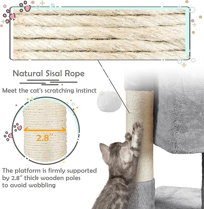 Topeakmart Cat Tree with Extra Large Plush Perch, Soft Cat Condo & Sisal-Covered Scratching Posts for Large Cats, Kittens Cats, 23.5 Inches, Light Gray