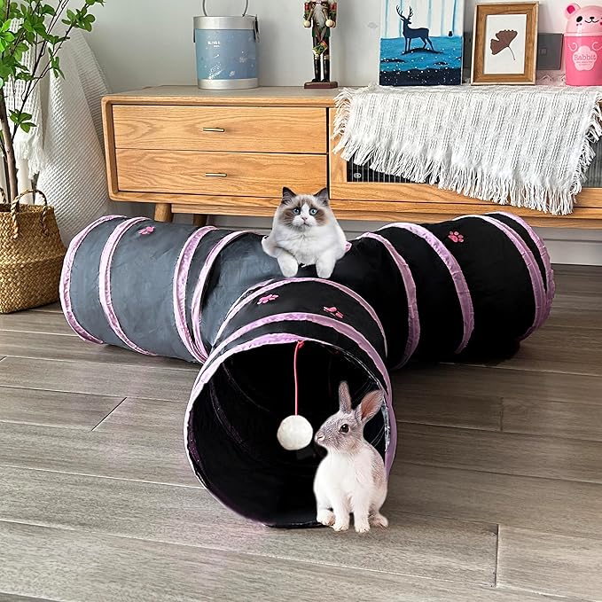 Cat Tunnel Tube Toy Collapsible 3 Way Black with Pink Paws, Pet Tunnels for Indoor Cats, Play Tubes with Hanging Ball for Kitten, Puppy, Rabbit, Interactive Toys for Fun Playtime & Exercise