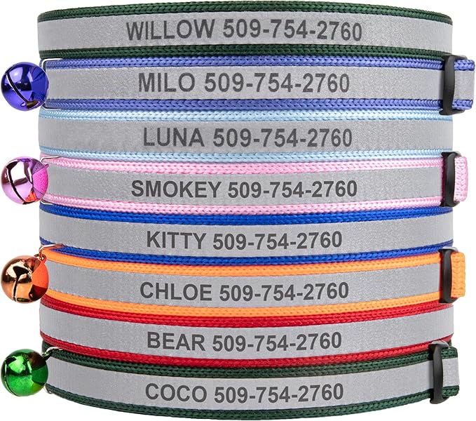 GoTags Personalized Reflective Cat Collars, Engraved Custom Cat Collar with Name and Phone Identification, Breakaway Collar with Safety Release Buckle and Bell, Adjustable for Cats and Kitten, (Red)