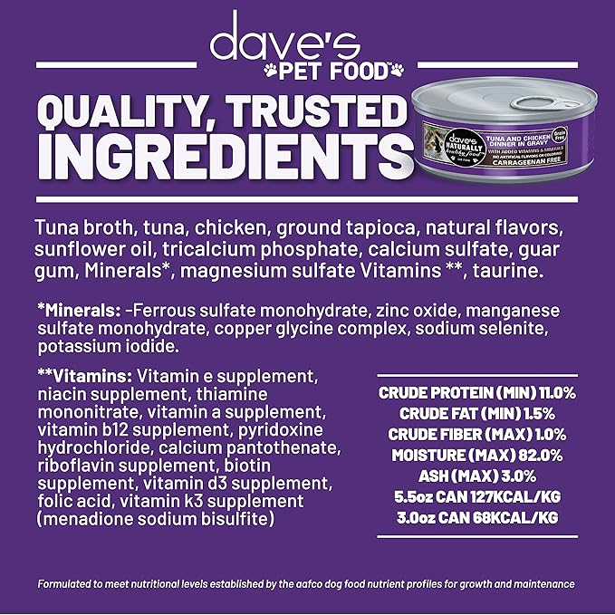 Dave's Pet Food Grain Free Wet Cat Food Gravy (Tuna & Chicken Dinner in Gravy), Naturally Healthy Canned, Added Vitamins, 5.5 oz Cans (12 Pack)