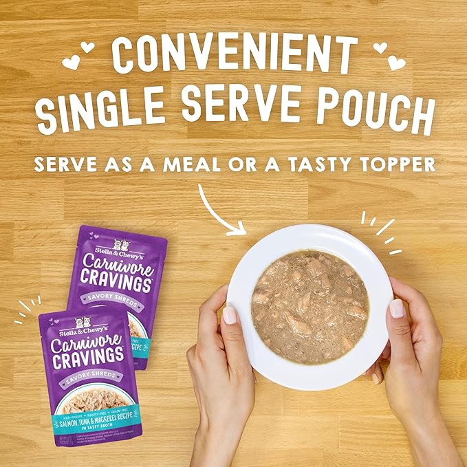 Stella & Chewy's Carnivore Cravings Wet Cat Food - Premium Pouches - Grain Free, High Protein Salmon, Tuna & Mackerel - Perfect For Picky Eaters - Complete Meal or Topper (2.8 oz, 24 Pack)