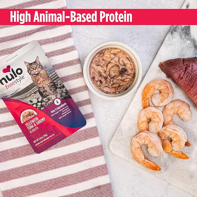 Nulo Freestyle Cat & Kitten Wet Cat Food - Yellowfin Tuna & Shrimp in Broth, Grain-Free, High Protein Soft Food Topper Treat, 2.8oz Pouches (Pack of 24)