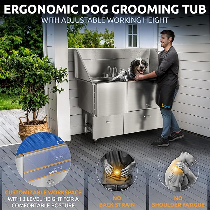 KANIS Professional Dog Washing Station 304 Stainless Steel Pet Wash Sink & Grooming Bathtub w/Shower, Floor Grates and Storage for Large, Medium & Small Pets (Silver, 61 Inches, Left Ramp, 2 Drawers)
