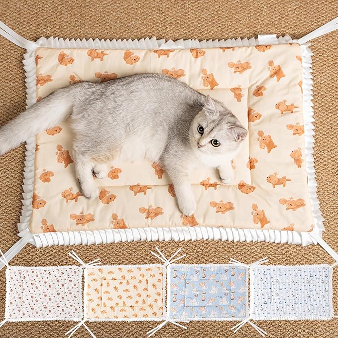 Reversible Silent Cat Bed Self Warming Pet Pad Thin Style Mat Washable Cushion Pad, Pad for Window Perch Outdoor Cat Houses, for Cats, Small Dogs, Rabbits, Non Electric,(Brown Puppy,M)