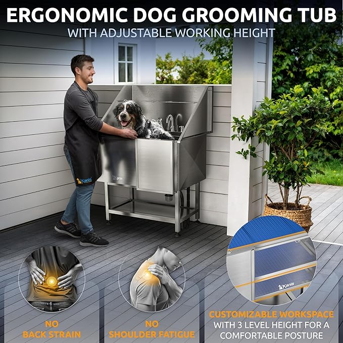 KANIS Professional Dog Washing Station 304 Stainless Steel Pet Wash Sink & Grooming Bathtub w/Shower, Floor Grates and Storage for Large, Medium & Small Pets (Silver, 40 Inches, Right Ramp, Shelf)