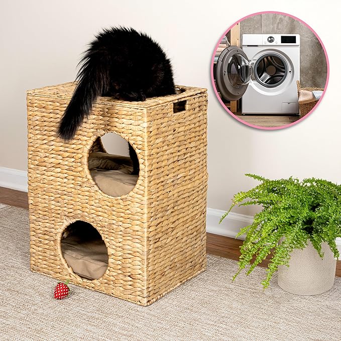 CHS1000A Jaxon 18" Modern Classic 2-Tier Handwoven Hyacinth Rectangular 5-Hole Cat Condo with 2 Machine-Washable Cushions, Natural