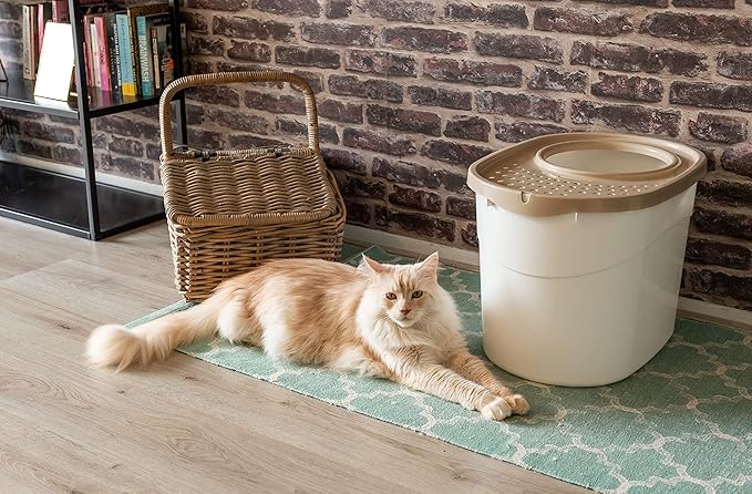 Iris Ohyama, Cat Litter Box, Closed cat Toilet House, Ventilation Opening, Plastic (PP) BPA-Free, Scoop, L52 x W37.5 x H36.5 cm, TECL-20, White/Beige