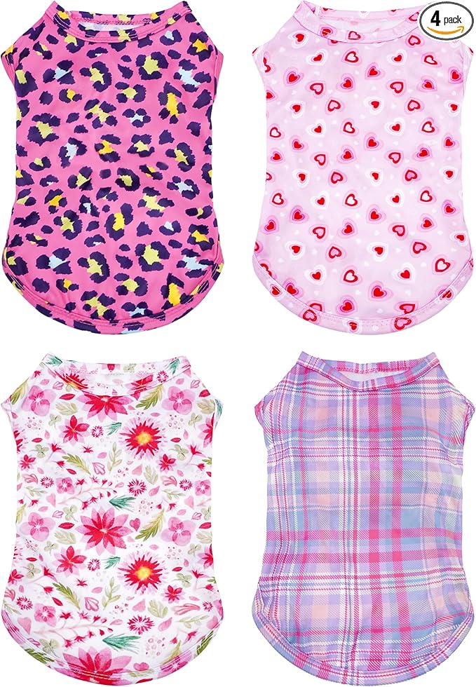PET SHOW 4 Pack Paw Bone Printed Dog Clothes Shirts Soft Vest Lightweight Sleeveless Cats Doggies T-Shirts Puppies Tank Top Tee for Small Medium Dogs White Black Pink Blue (Large, Pink for Girls)