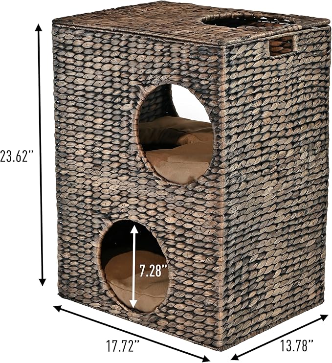 CHS1000B Jaxon 18" Modern Classic 2-Tier Handwoven Hyacinth Rectangular 5-Hole Cat Condo with 2 Machine-Washable Cushions, Brown