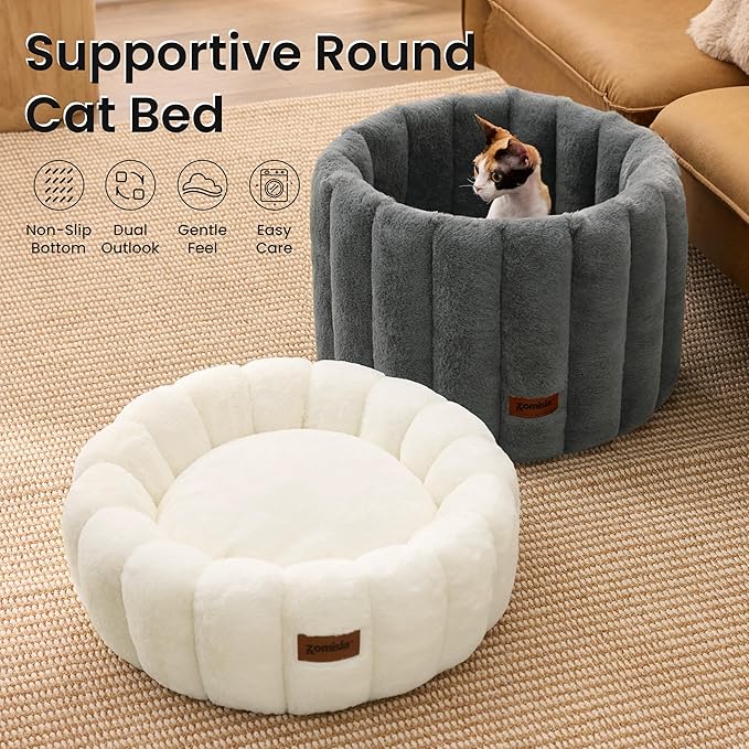ZOMISIA Cute Cat Beds for Indoor Cats, Striped Small Donut Dog Bed for Puppy and Kitten, Anti-Slip Bottom, Grey