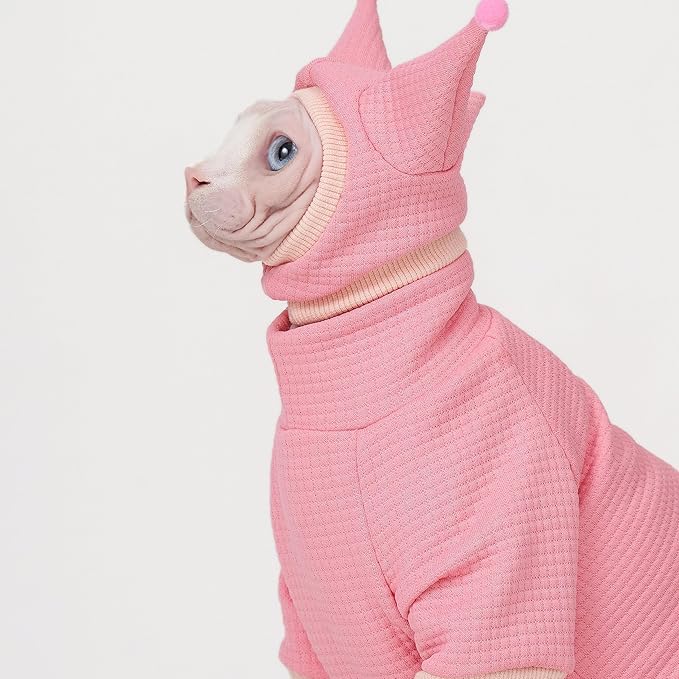 Sphynx Cat Clothes Waffle Pattern Suit, Cute Pet Hat and Shirt Set, Hairless Cat Devon Cornish Pink and Black Suit, (X-Large, Pink)