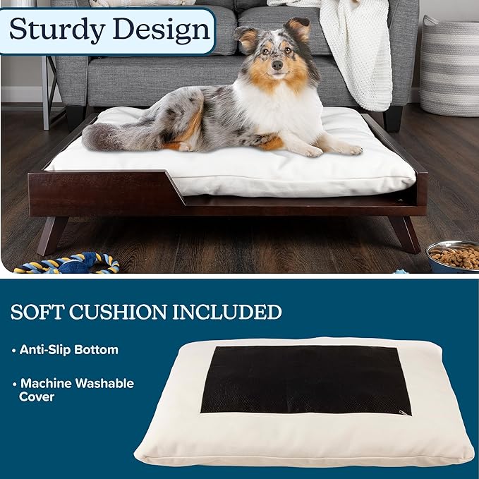 Elevated Dog Bed - 36” x 29.5” Indoor Pet Bed with Frame and Soft Cushion - Mid-Century Modern Wood Dog Bed for Medium to Large Pets by PETMAKER (Dark Brown)