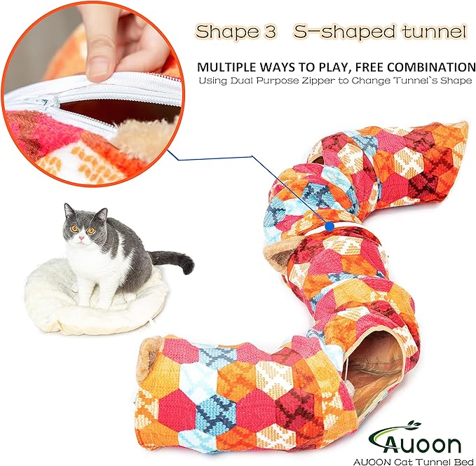 AUOON Cat Tunnel Bed for Indoor Cats - Large Cat Donut Tunnel with Hanging Ball Toy, Collapsible 2-in-1 Multifunctional Interactive Cat Toy for Kitten, Puppy, Rabbit, Ferret (Orange)