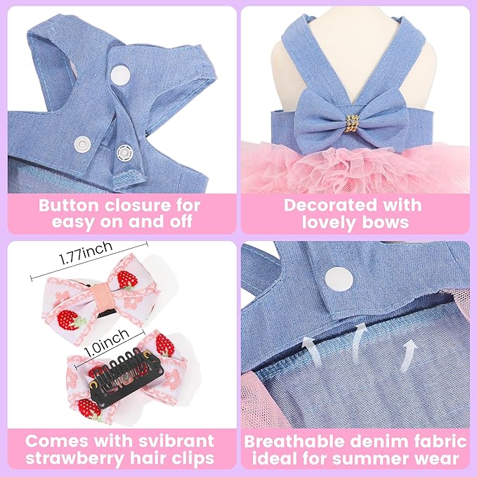 Dog Dress, Fashion Puppy Tutu Princess Dresses for Small Dogs Girl, Sweet Skirt with Dog Bowknot Clips, Spring Dog Cat Clothes Pet Apparel (Denim Dress Tutu, Large)