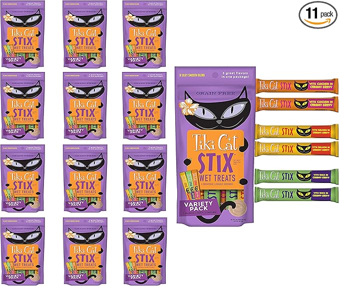 Tiki Cat Stix Wet Treats, Grain Free Lickable Silky Smooth Blend in Creamy Gravy - Chicken, Salmon and Duck with 10ct Pet Wipes