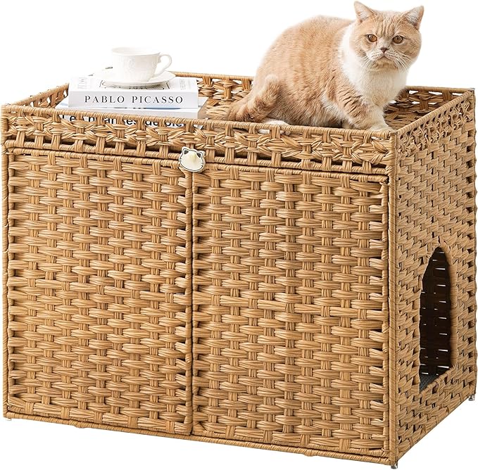 SETVSON Cat Litter Box Enclosure Furniture, Handwoven Rattan Hidden Litter Box with Mat, Large Space Cat House with 2 S-Shaped Hooks 30.3 x 18.3 x 24.4 Inches, Indoor for Living Room Apartment Natural