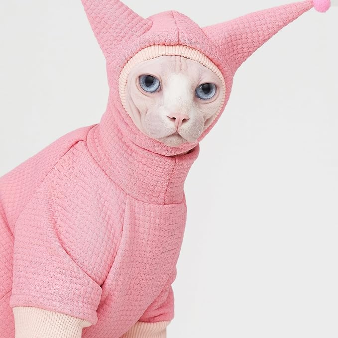 Sphynx Cat Clothes Waffle Pattern Suit, Cute Pet Hat and Shirt Set, Hairless Cat Devon Cornish Pink and Black Suit, (Small, Pink)