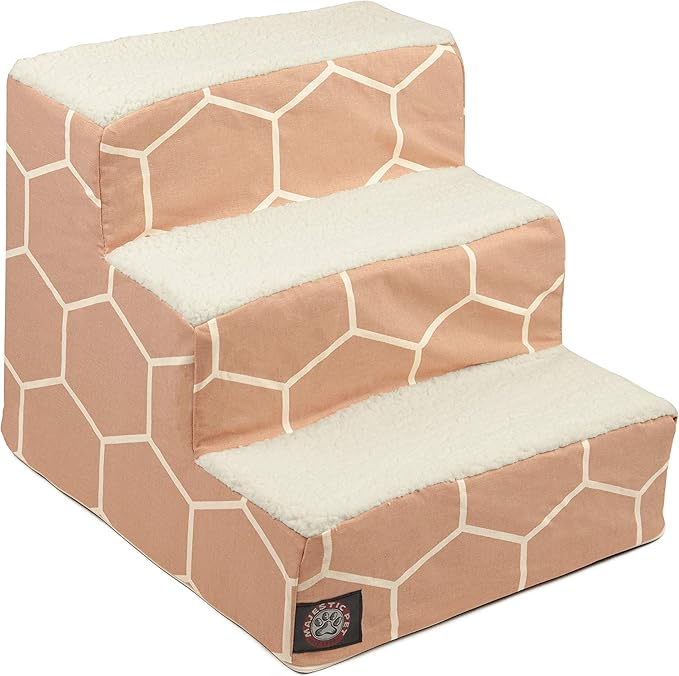 Majestic Pet 3 Step Portable Dog Stairs for Small Dogs to get on Bed Supports 25 lbs or Less – Dog Steps for High Bed with Machine Washable Cover – Pet Stairs for Cats Hexo Shapes Blush Pink