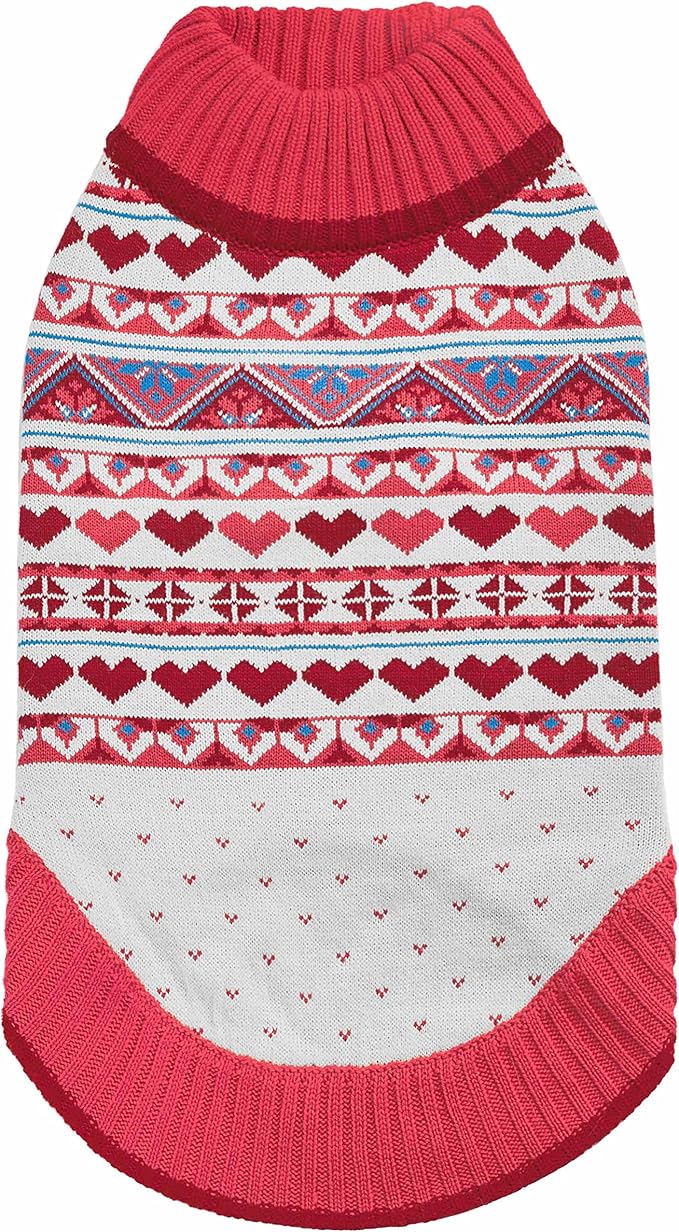 Blueberry Pet Fair Isle Style Chic Coral Pullover Dog Sweater with Heart, Back Length 10", Pack of 1 Clothes for Dogs