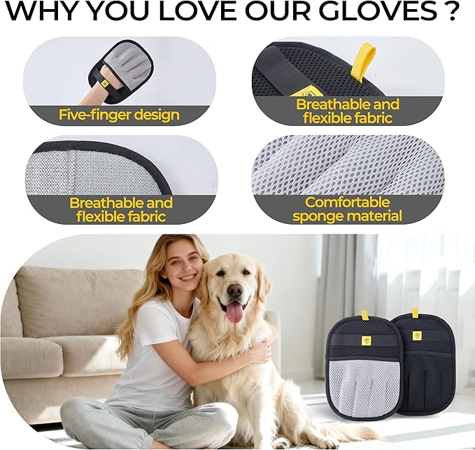 Pet Hair Removal Glove for Dogs & Cats - Upgraded Reusable Electrostatic Pet Hair Glove, Pet Hair Remover Tool for Laundry, Couch, Carpet & Car Seat, Pet Grooming Kit (Gray/Black Combo)