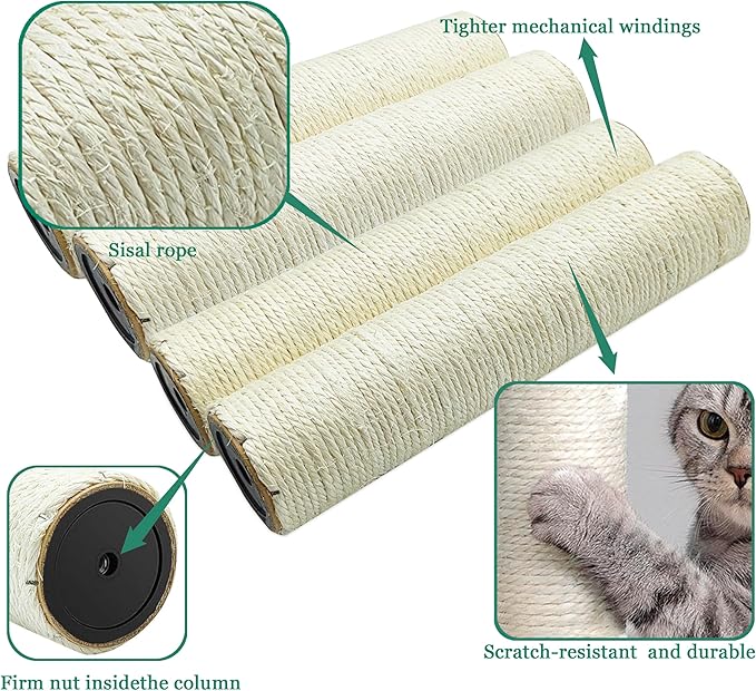 Cat Scratching Post Replacement Pole, 4 PCS 11.81in Cat Tree Replacement Post, Natural Sisal Cat Tree Replacement Parts with M8 Screws, Cat Scratch Post Replacement for Refurbishment