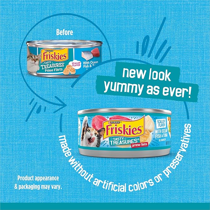 Purina Friskies Wet Cat Food Tasty Treasures With Ocean Fish and Tuna in Sauce (Scallop Flavor) - (Pack of 24) 5.5 oz. Cans
