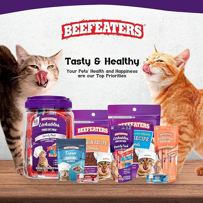 Beefeaters wet cat treats lickable 72 Count Puree Variety Pack - Salmon Tuna Chicken for Hydration & Training, Grain Free Taurine Enriched High Moisture, lickable cat treats squeeze up for Picky Eater