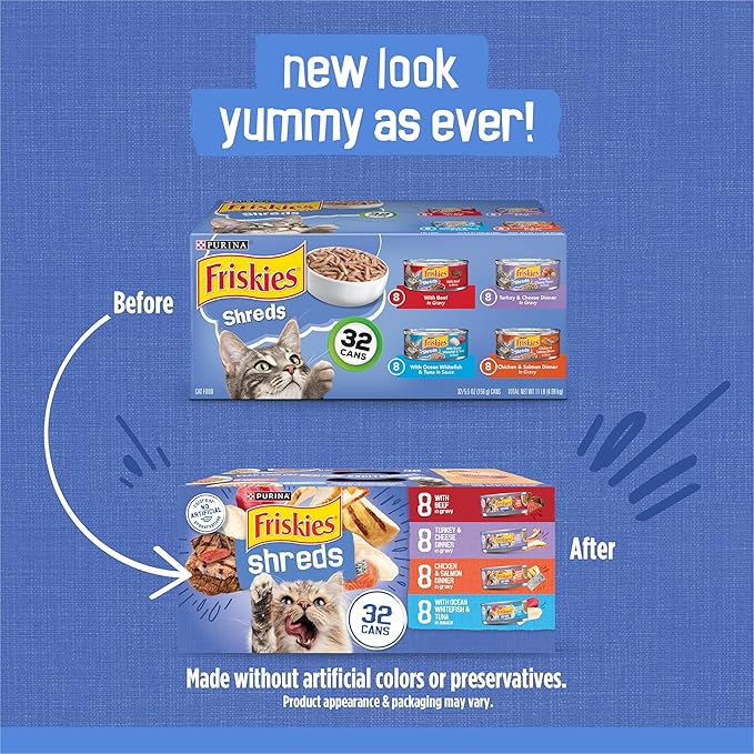 Friskies Purina Gravy Wet Cat Food Variety Pack, Savory Shreds with Beef, Turkey and Cheese Dinner, Chicken & Salmon Dinner, with Ocean Whitefish & Tuna - 5.5 oz. Cans (Pack of 64)