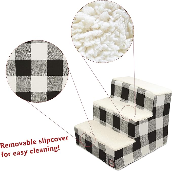 Majestic Pet 3 Step Portable Dog Stairs for Small Dogs to get on Bed Supports 25 lbs or Less – Dog Steps for High Bed with Machine Washable Cover – Pet Stairs for Cats Anderson Check Charcoal Black