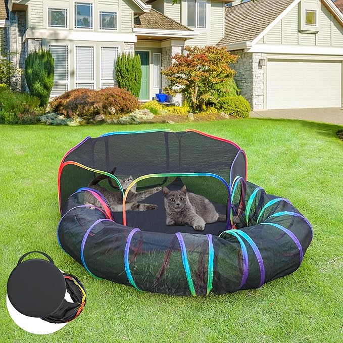 Outdoor Cat Enclosure, Portable Catio Playground with Tent & Tunnel for Cats and Small Animals, Foldable Cat Playpen Includes Storage Bag for Outside and Indoor Play, Rainbow Color