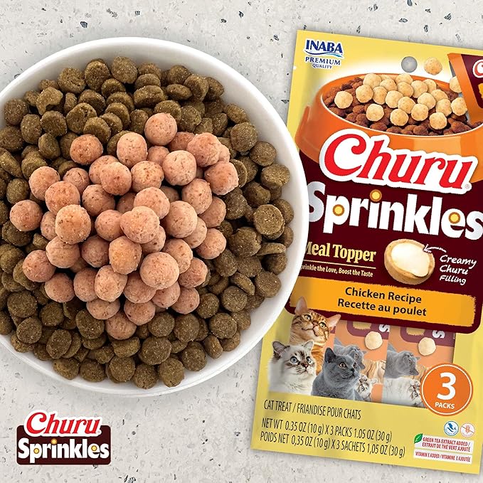 INABA Churu Sprinkles for Cat, Soft & Chewy Churu Filled, Baked Chicken Cat Treat Meal Topper with Vitamin E and Green Tea Extract, 1.05 oz. per Pack, 18 Packs Total,Tuna Recipe