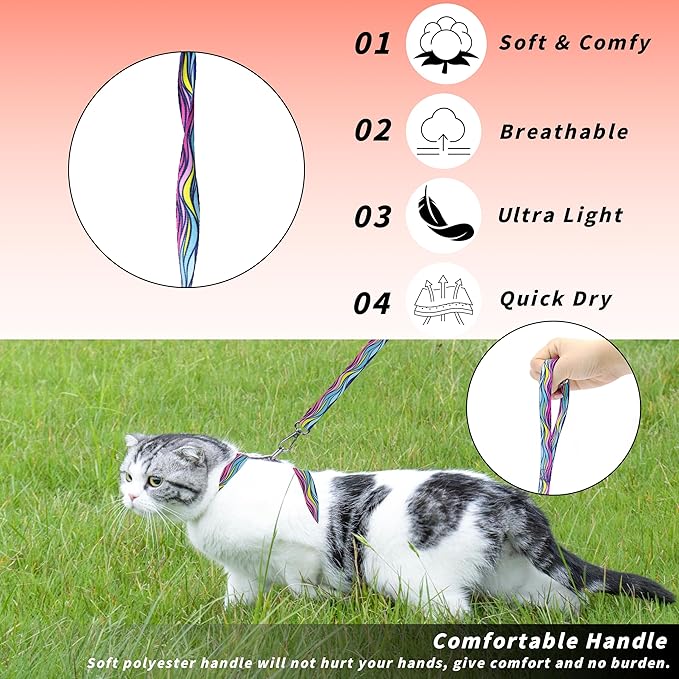 Seyezo Cat Harness and Leash Set, Adjustable Kitten Harness Escape Proof Cats Harness, Soft Lightweight Walking Travel Pet Harness, Cute Kitty Harness Leash Set for Small Medium Cats, Colourful Waves